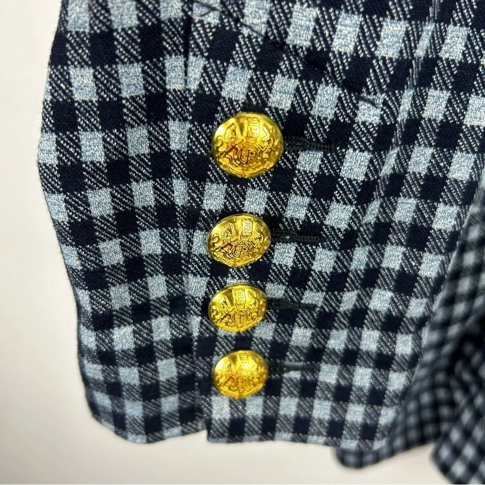 Cabi Checkup Gingham Longline Gold Button Blazer Jacket Medium Navy - Picture 8 of 14
